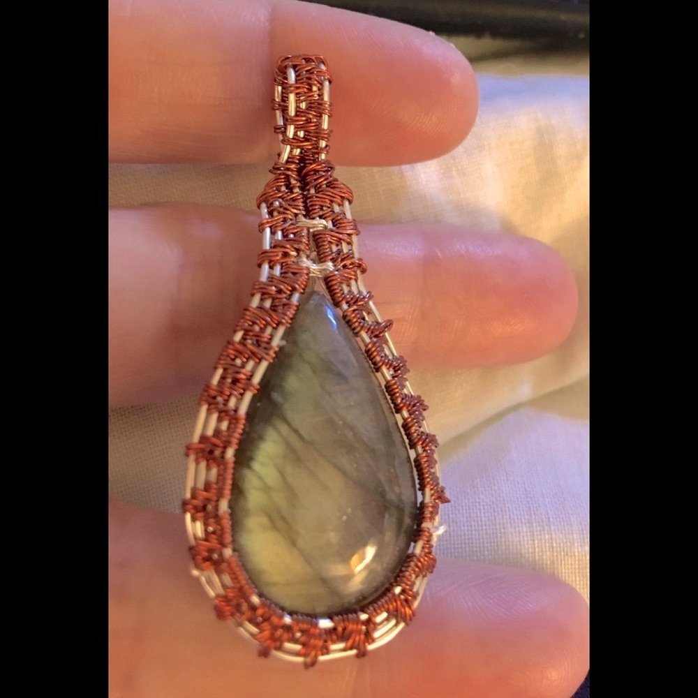 Handmade Labradorite Pendant Woven in Silver and Bronze Wire OOAK